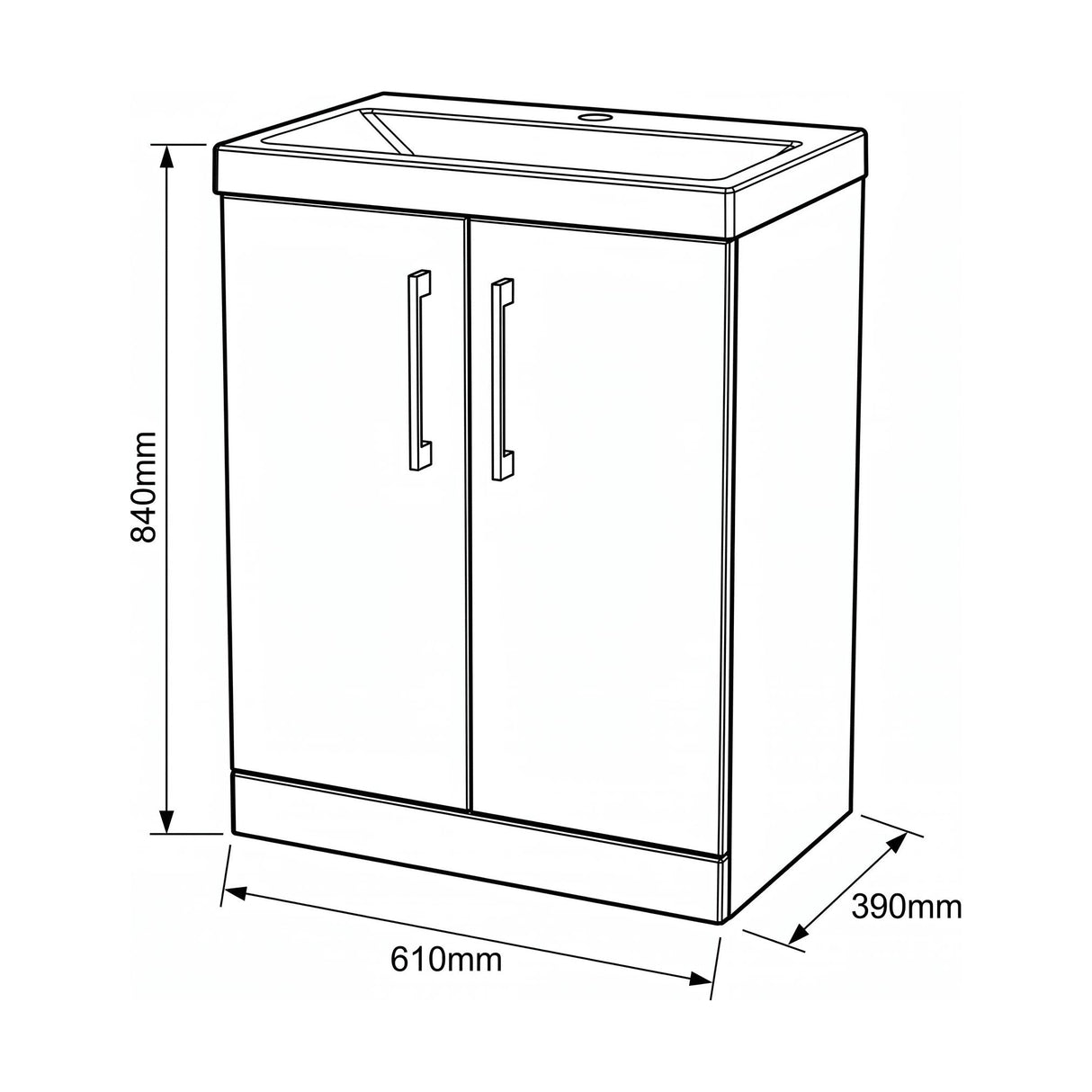 [BALARN103AH019] Bramshall Floor Standing 2-Door Vanity & Mid-Edge Basin – Choice of Colour and Handle Finish - Technical Drawing
