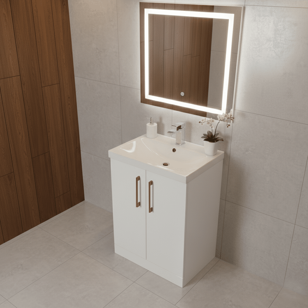 [BALARN103AH019] Bramshall Floor Standing 2 Door Vanity Basin Unit with Mid-Edge Basin, 600mm, Choice of Colour and Handle Finish - Lifestyle 3
