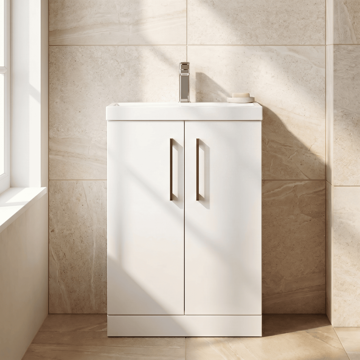 [BALARN103AH019] Bramshall Floor Standing 2 Door Vanity Basin Unit with Mid-Edge Basin, 600mm, Choice of Colour and Handle Finish - Silo