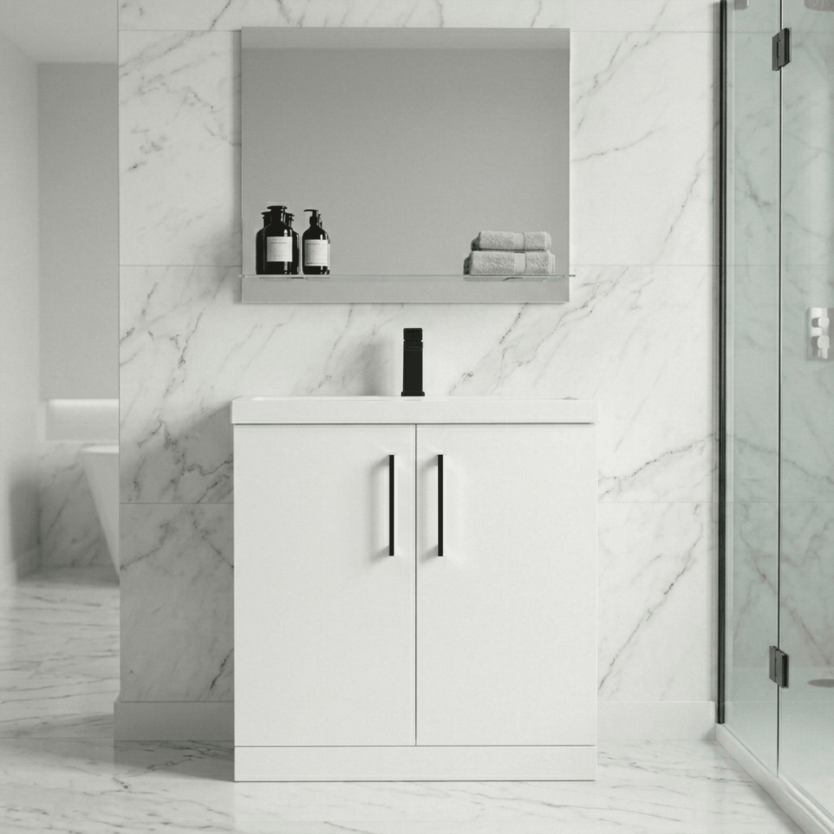 [BALARN105AH018] Bramshall Floor Standing 2 Door Vanity Basin Unit with Mid-Edge Basin, 800mm, Choice of Colour and Handle Finish - Lifestyle 1