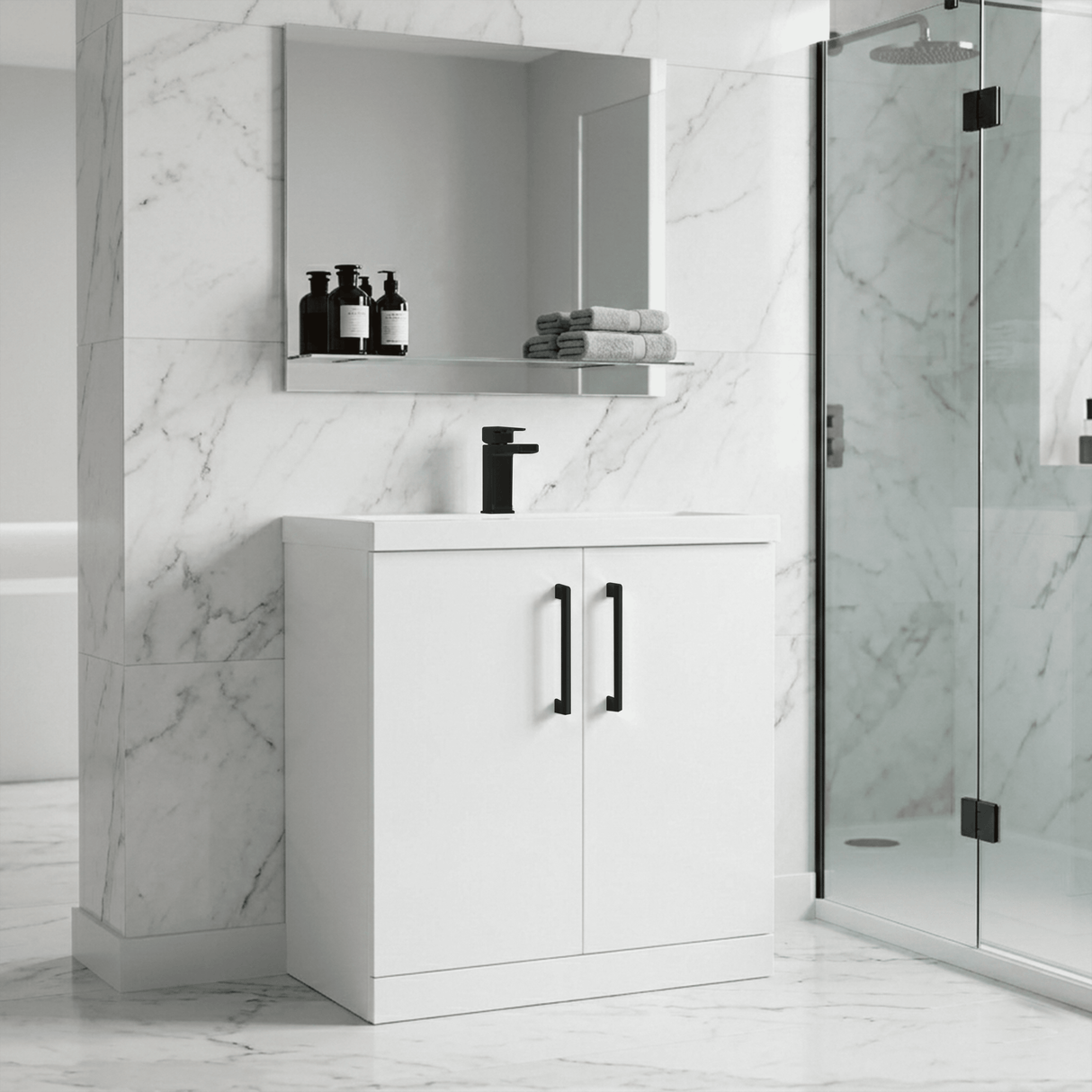 [BALARN105AH018] Bramshall Floor Standing 2 Door Vanity Basin Unit with Mid-Edge Basin, 800mm, Choice of Colour and Handle Finish - Lifestyle 2
