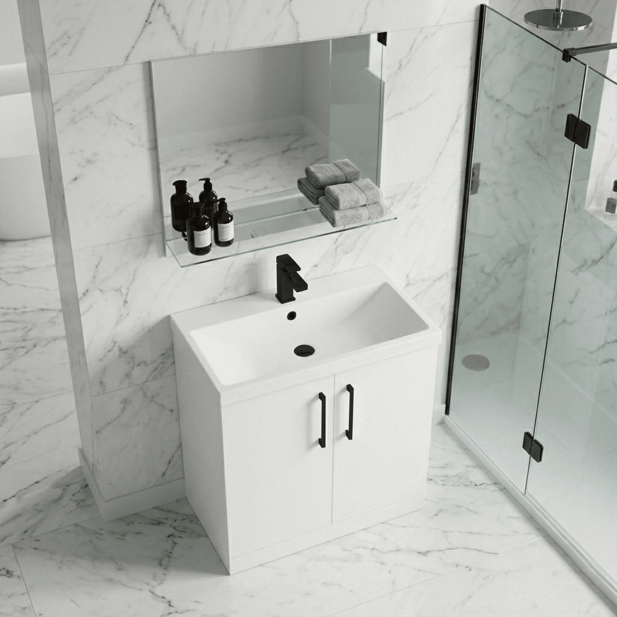 [BALARN105AH018] Bramshall Floor Standing 2 Door Vanity Basin Unit with Mid-Edge Basin, 800mm, Choice of Colour and Handle Finish - Lifestyle 3