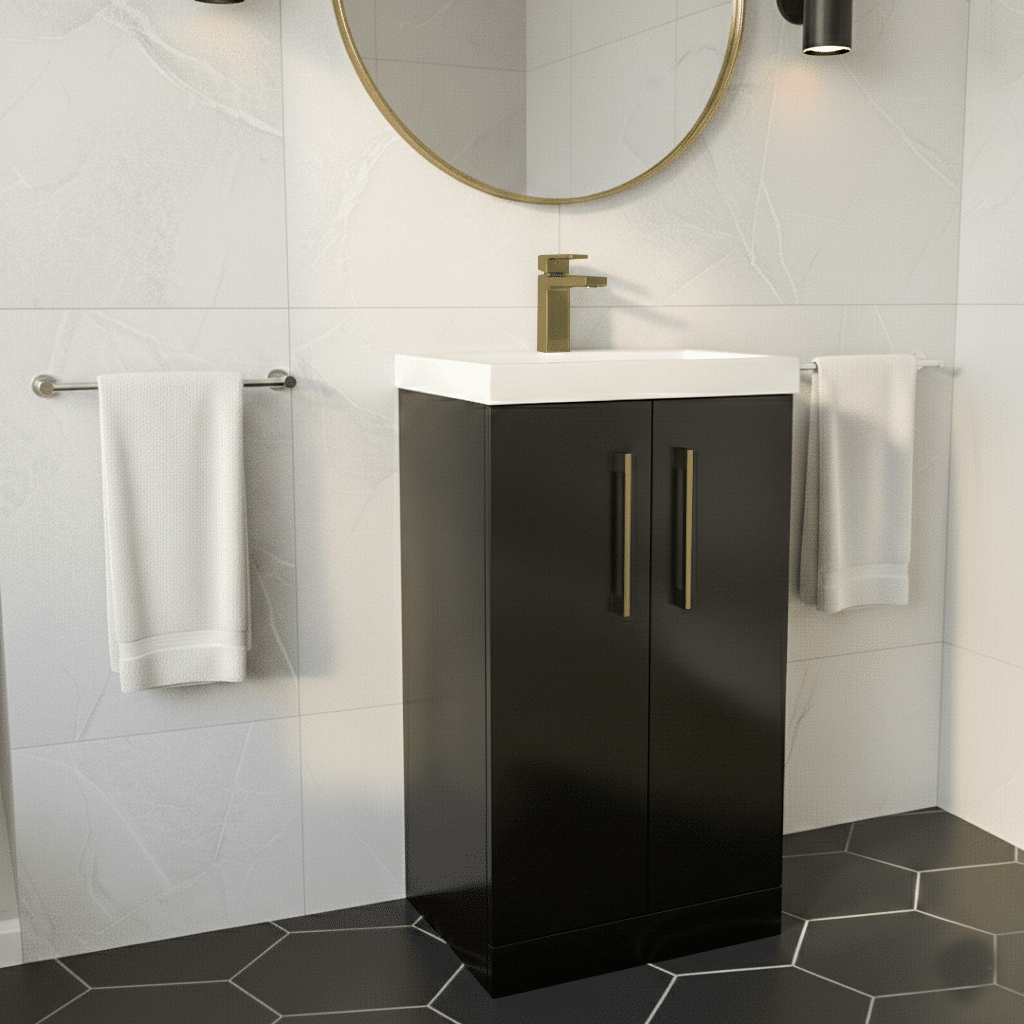 [BALARN1401AH017] Bramshall Floor Standing 2 Door Vanity Basin Unit with Mid-Edge Basin, 500mm, Choice of Colour and Handle Finish - Lifestyle 2