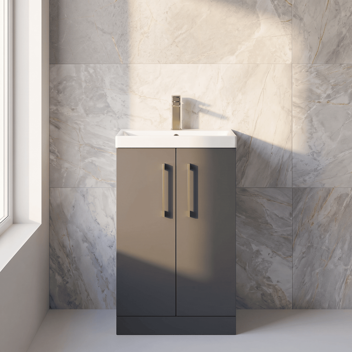 [BALARN1401AH017] Bramshall Floor Standing 2 Door Vanity Basin Unit with Mid-Edge Basin, 500mm, Choice of Colour and Handle Finish - Silo