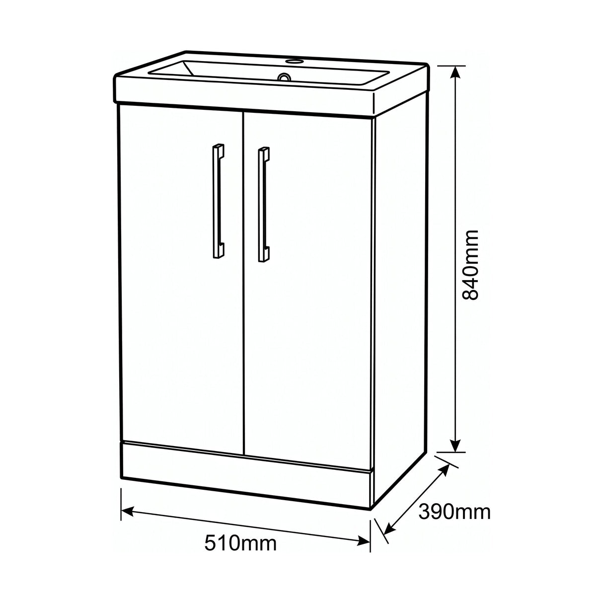 [BALARN1401AH018] Bramshall Floor Standing 2-Door Vanity & Mid-Edge Basin – Choice of Colour and Handle Finish - Technical Drawing