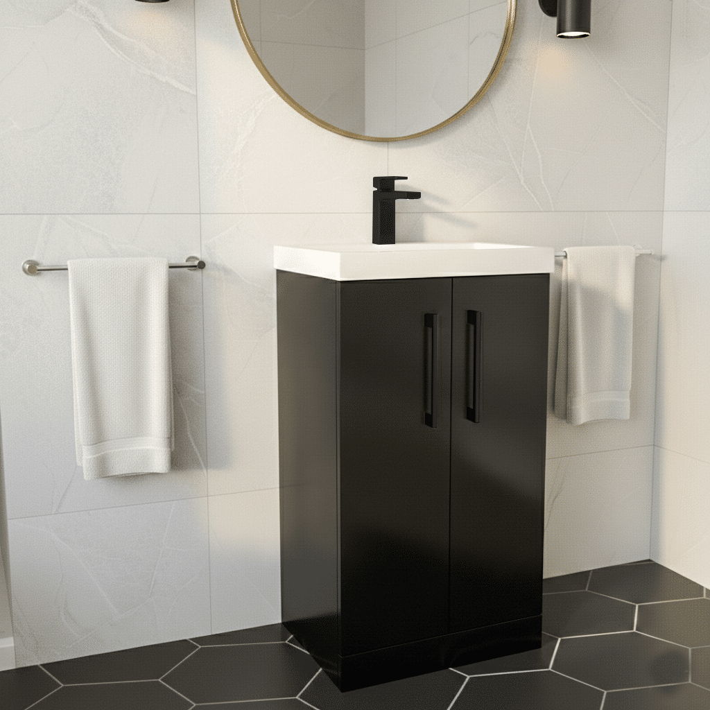 [BALARN1401AH018] Bramshall Floor Standing 2 Door Vanity Basin Unit with Mid-Edge Basin, 500mm, Choice of Colour and Handle Finish - Lifestyle 2