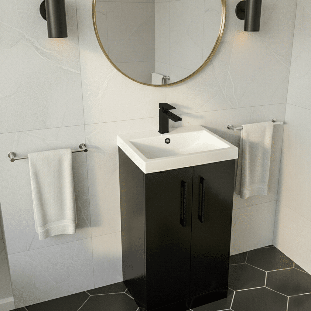 [BALARN1401AH018] Bramshall Floor Standing 2 Door Vanity Basin Unit with Mid-Edge Basin, 500mm, Choice of Colour and Handle Finish - Lifestyle 3