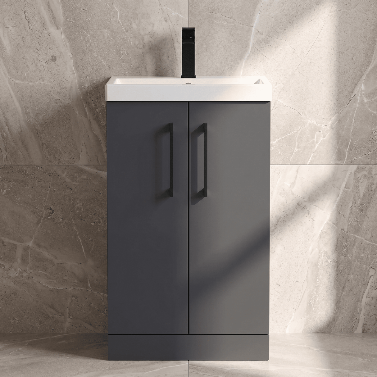 [BALARN1401AH018] Bramshall Floor Standing 2 Door Vanity Basin Unit with Mid-Edge Basin, 500mm, Choice of Colour and Handle Finish - Silo