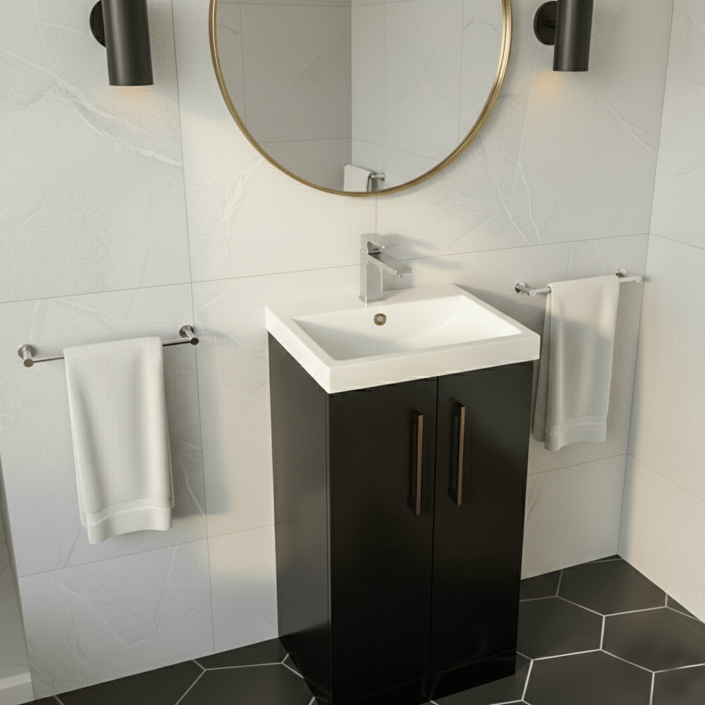 [BALARN1401AH019] Bramshall Floor Standing 2 Door Vanity Basin Unit with Mid-Edge Basin, 500mm, Choice of Colour and Handle Finish - Lifestyle 3