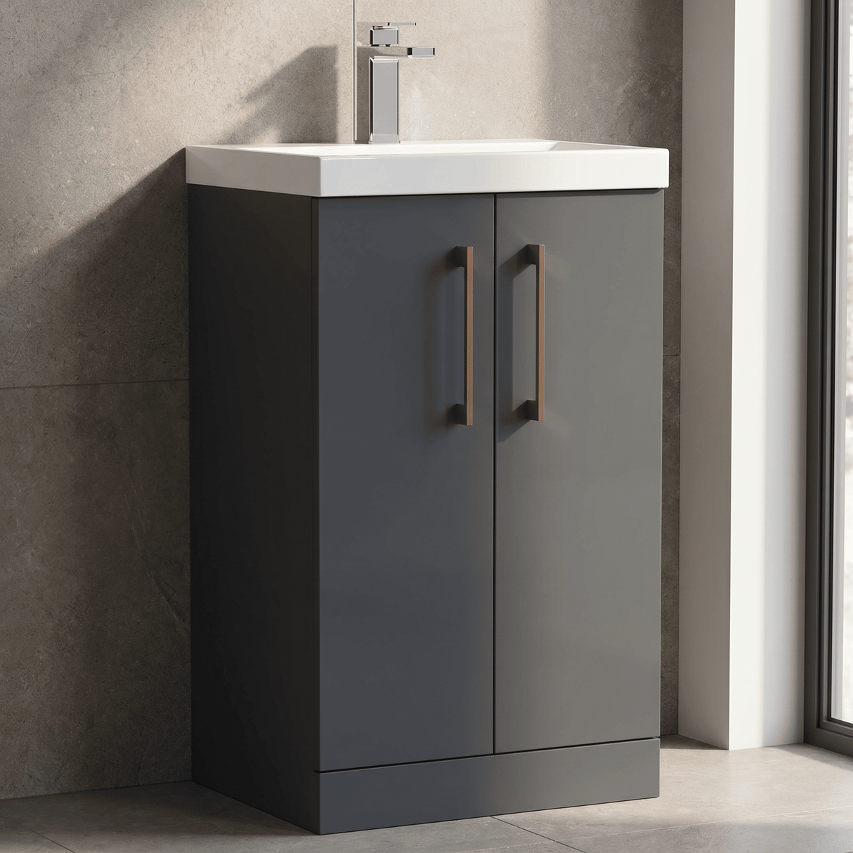 [BALARN1401AH019] Bramshall Floor Standing 2 Door Vanity Basin Unit with Mid-Edge Basin, 500mm, Choice of Colour and Handle Finish - Silo