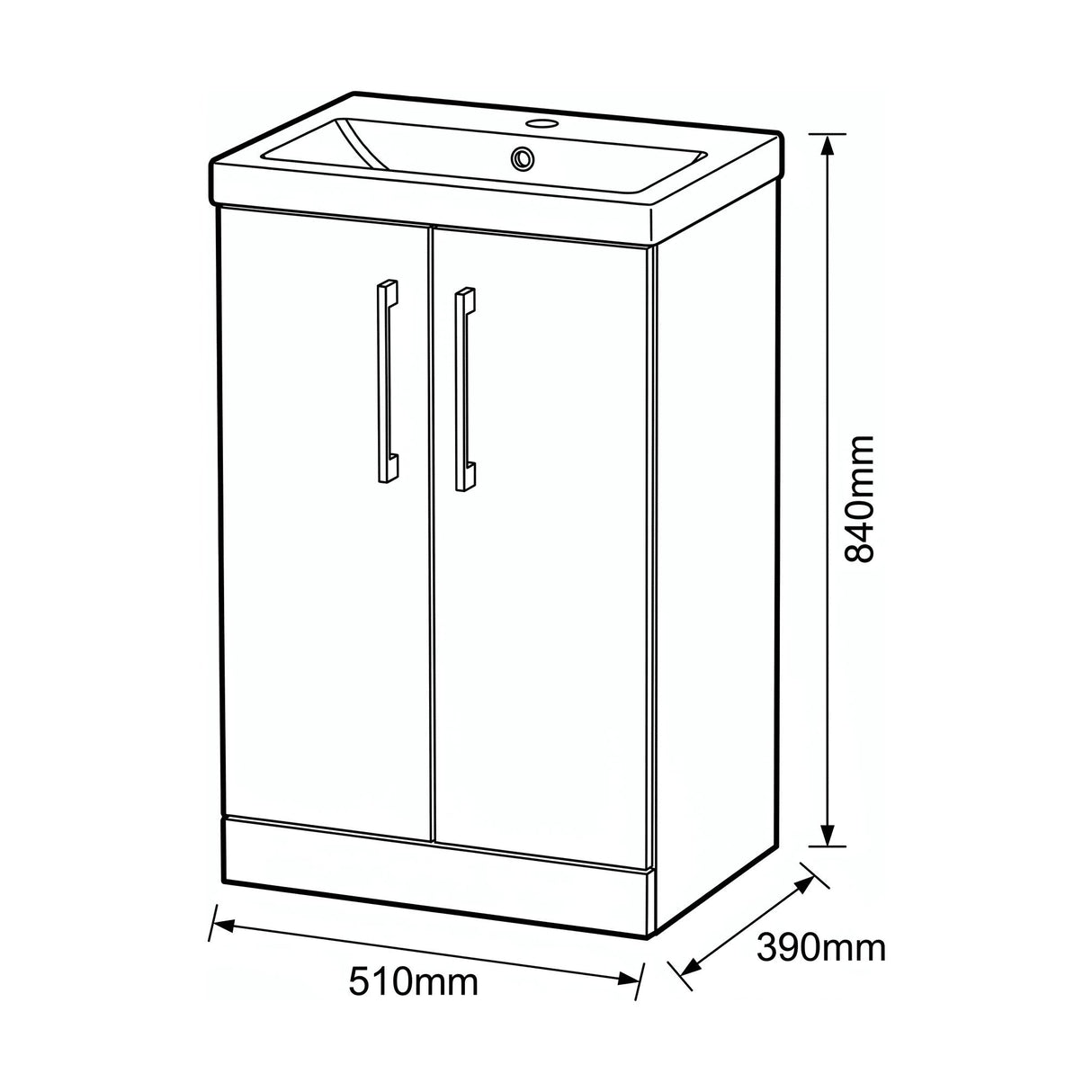 [BALARN1401AH716] Bramshall Floor Standing 2-Door Vanity & Mid-Edge Basin – Choice of Colour and Handle Finish - Technical Drawing