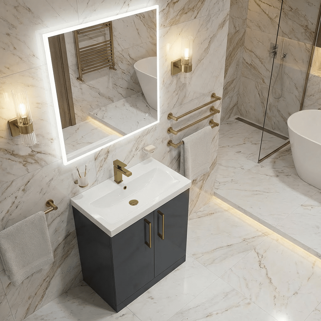 [BALARN1403AH017] Bramshall Floor Standing 2 Door Vanity Basin Unit with Mid-Edge Basin, 600mm, Choice of Colour and Handle Finish - Lifestyle 3