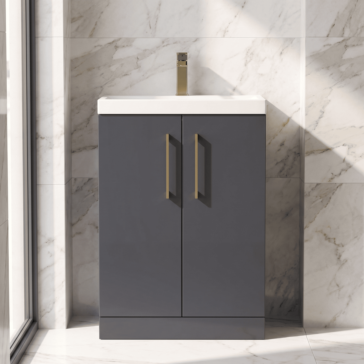 [BALARN1403AH017] Bramshall Floor Standing 2 Door Vanity Basin Unit with Mid-Edge Basin, 600mm, Choice of Colour and Handle Finish - Silo