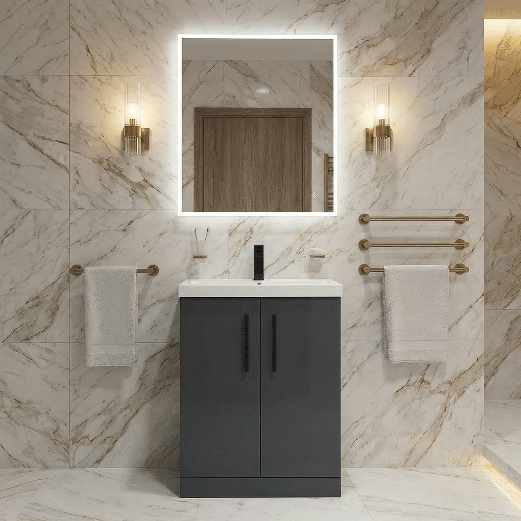 [BALARN1403AH018] Bramshall Floor Standing 2 Door Vanity Basin Unit with Mid-Edge Basin, 600mm, Choice of Colour and Handle Finish - Lifestyle 1