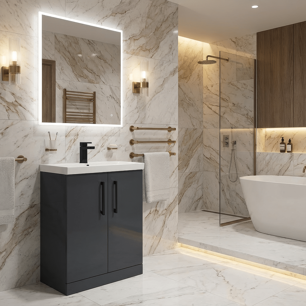 [BALARN1403AH018] Bramshall Floor Standing 2 Door Vanity Basin Unit with Mid-Edge Basin, 600mm, Choice of Colour and Handle Finish - Lifestyle 2
