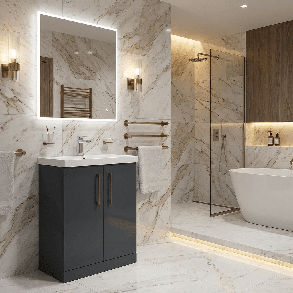 [BALARN1403AH019] Bramshall Floor Standing 2 Door Vanity Basin Unit with Mid-Edge Basin, 600mm, Choice of Colour and Handle Finish - Lifestyle 2