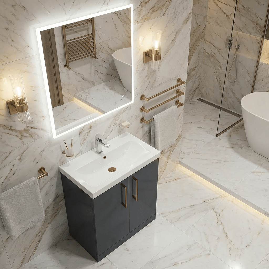 [BALARN1403AH019] Bramshall Floor Standing 2 Door Vanity Basin Unit with Mid-Edge Basin, 600mm, Choice of Colour and Handle Finish - Lifestyle 3