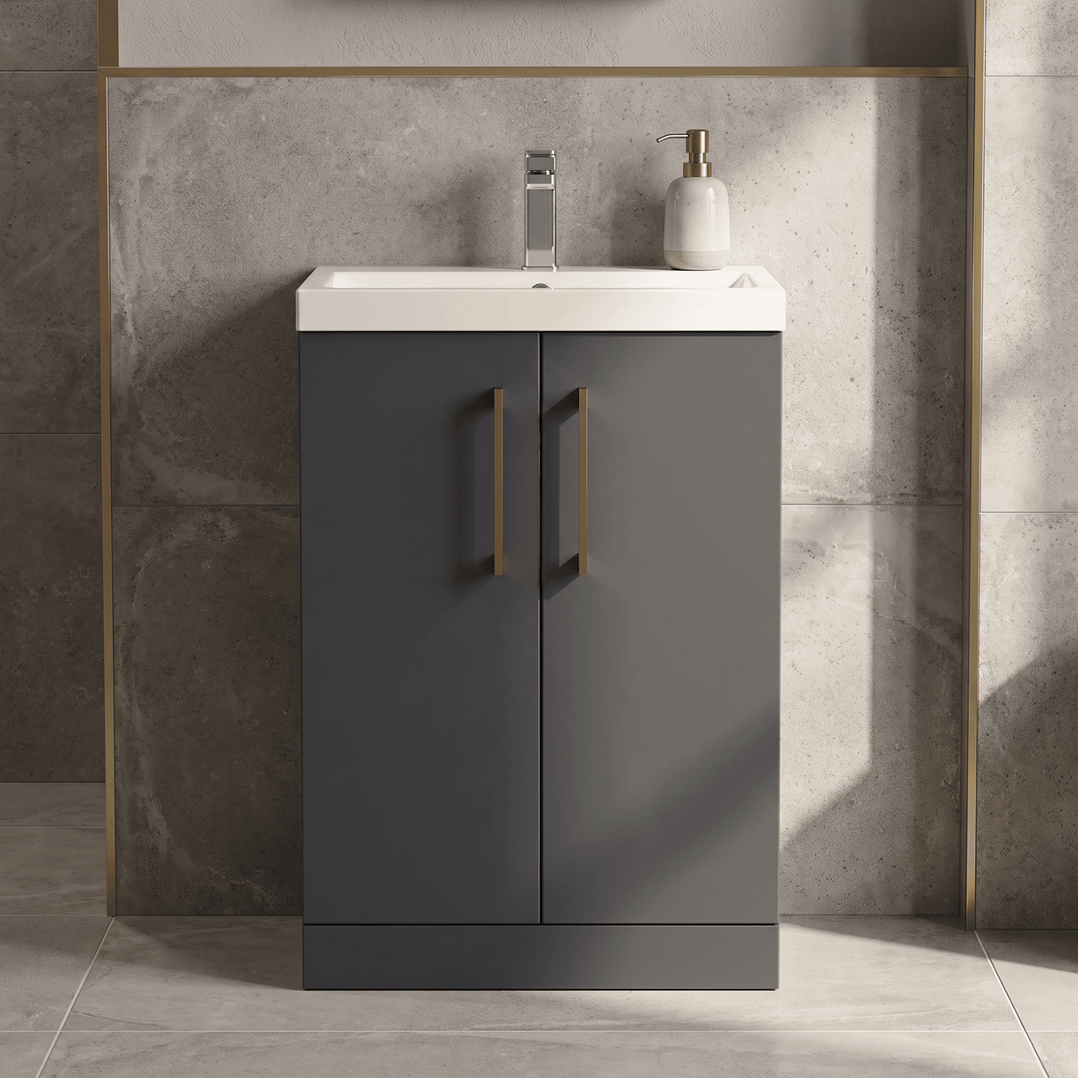 [BALARN1403AH019] Bramshall Floor Standing 2 Door Vanity Basin Unit with Mid-Edge Basin, 600mm, Choice of Colour and Handle Finish - Silo