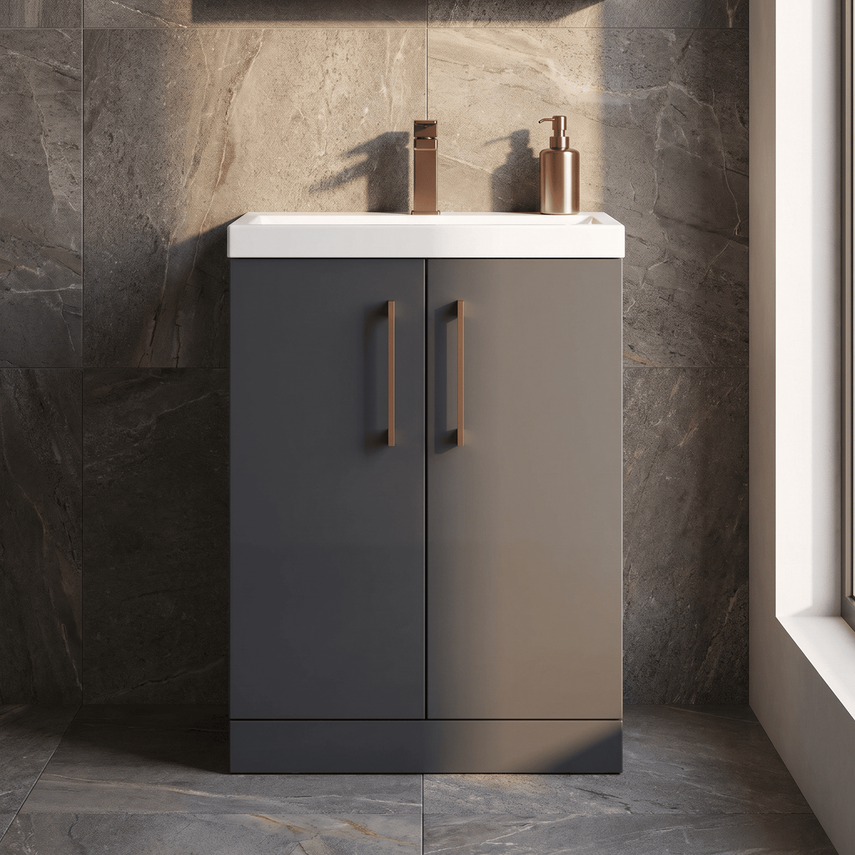 [BALARN1403AH1516] Bramshall Floor Standing 2 Door Vanity Basin Unit with Mid-Edge Basin, 600mm, Choice of Colour and Handle Finish - Silo
