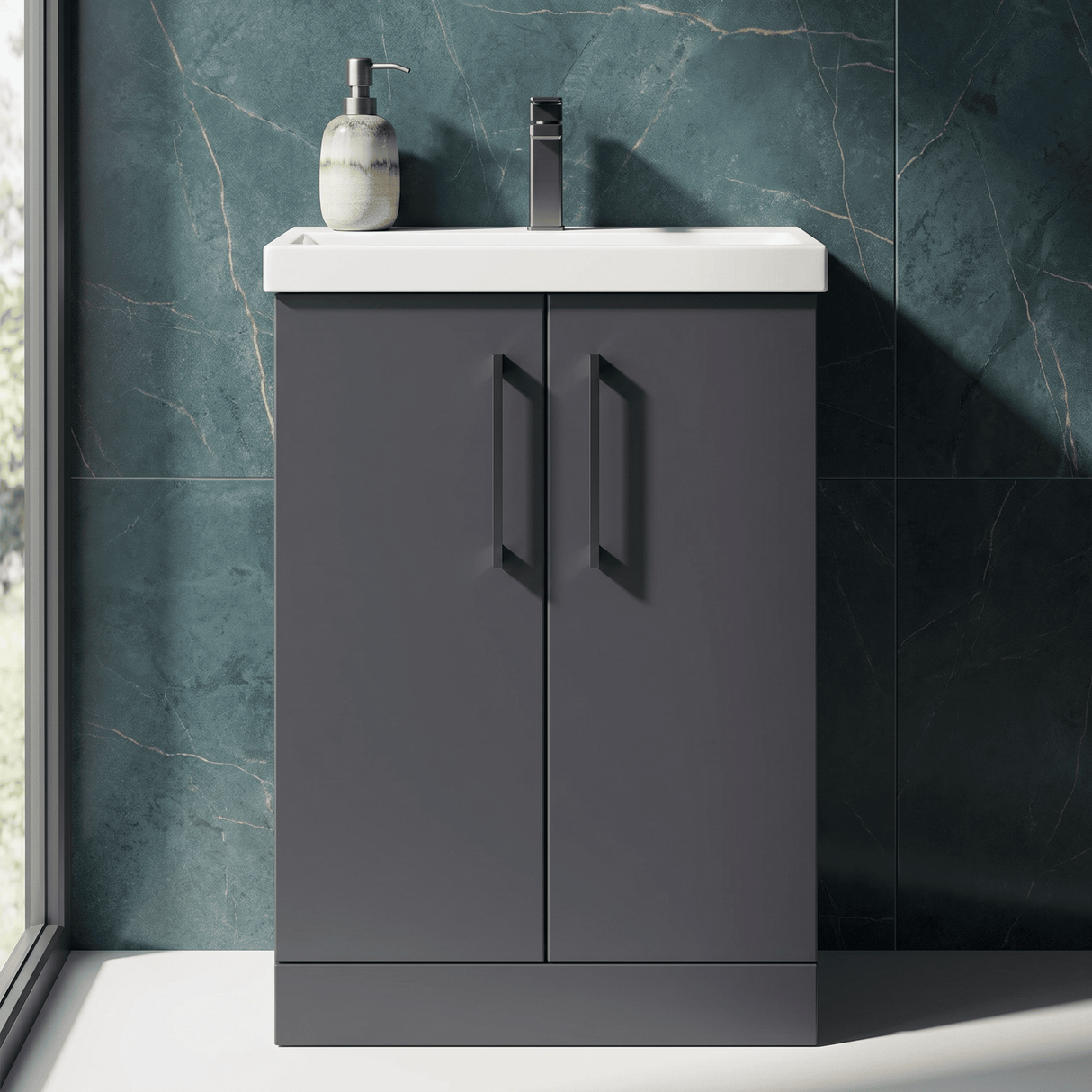 [BALARN1403AH716] Bramshall Floor Standing 2 Door Vanity Basin Unit with Mid-Edge Basin, 600mm, Choice of Colour and Handle Finish - Silo