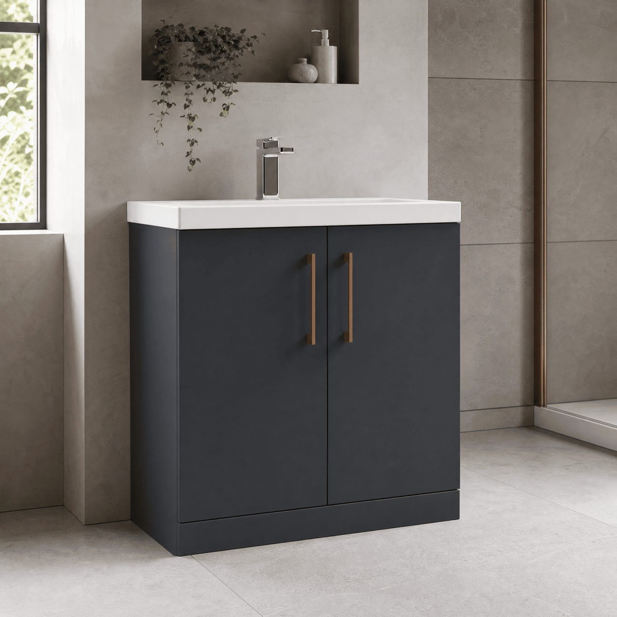 [BALARN1405AH019] Bramshall Floor Standing 2 Door Vanity Basin Unit with Mid-Edge Basin, 800mm, Choice of Colour and Handle Finish - Lifestyle 3