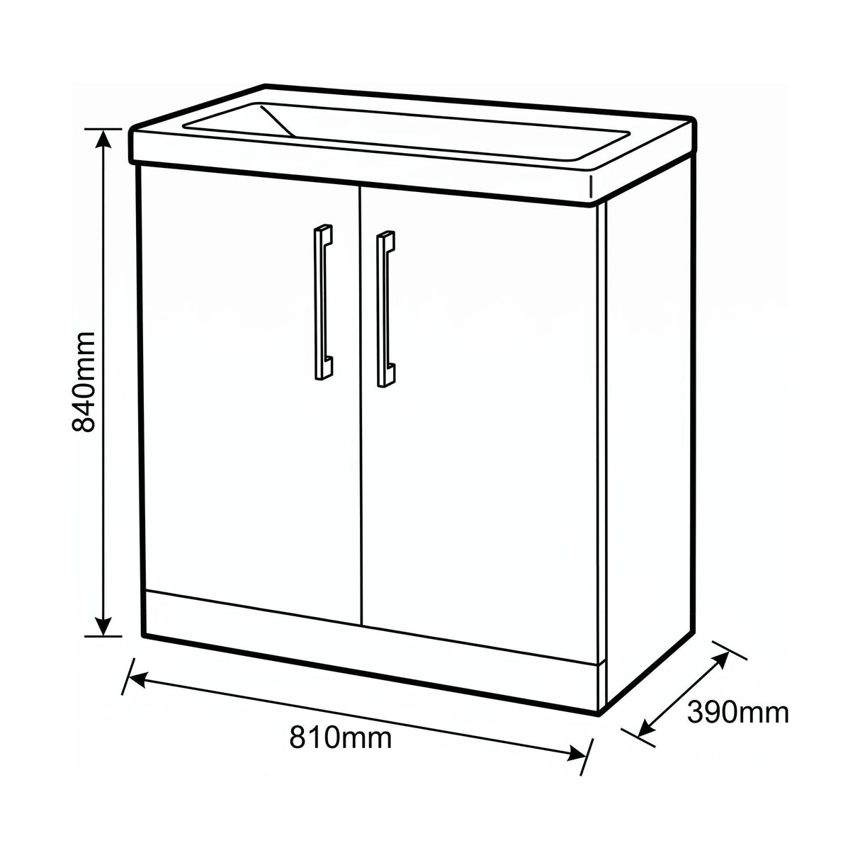 [BALARN1405AH1516] Bramshall Floor Standing 2-Door Vanity & Mid-Edge Basin – Choice of Colour and Handle Finish - Technical Drawing