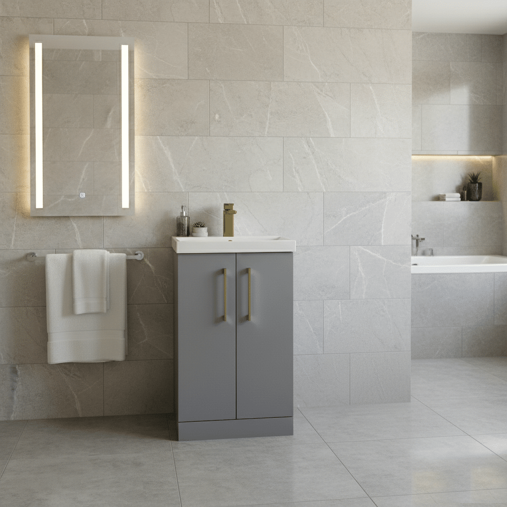 [BALARN2201AH017] Bramshall Floor Standing 2 Door Vanity Basin Unit with Mid-Edge Basin, 500mm, Choice of Colour and Handle Finish - Lifestyle 1