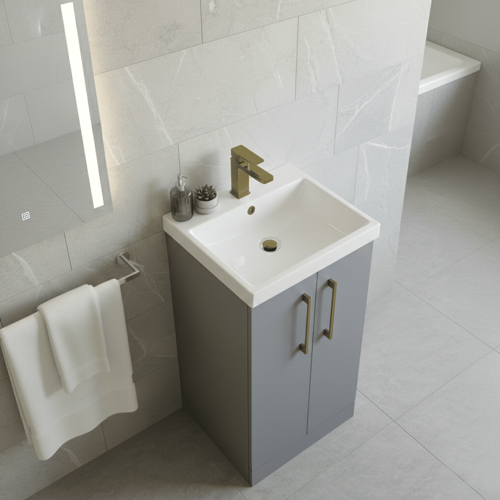 [BALARN2201AH017] Bramshall Floor Standing 2 Door Vanity Basin Unit with Mid-Edge Basin, 500mm, Choice of Colour and Handle Finish - Lifestyle 3