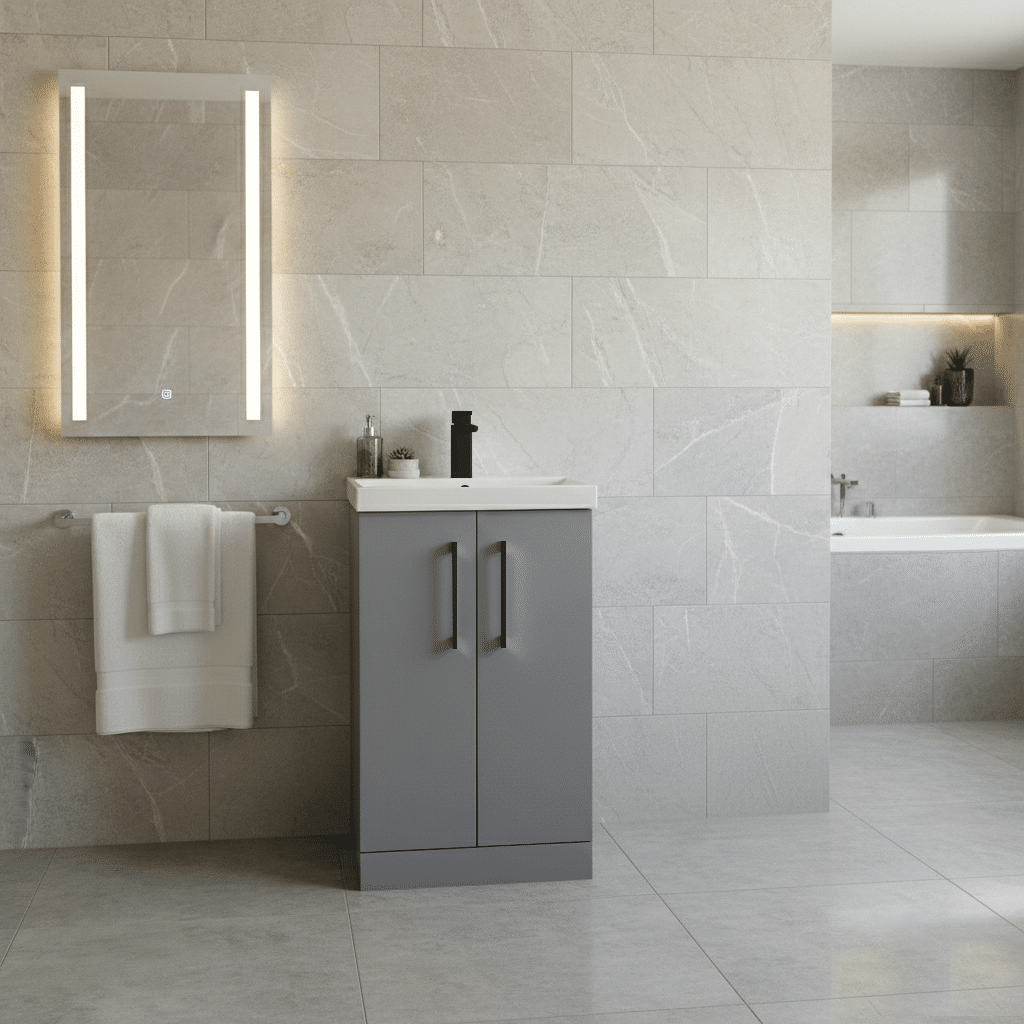 [BALARN2201AH018] Bramshall Floor Standing 2 Door Vanity Basin Unit with Mid-Edge Basin, 500mm, Choice of Colour and Handle Finish - Lifestyle 1