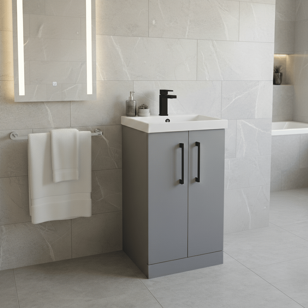[BALARN2201AH018] Bramshall Floor Standing 2 Door Vanity Basin Unit with Mid-Edge Basin, 500mm, Choice of Colour and Handle Finish - Lifestyle 2