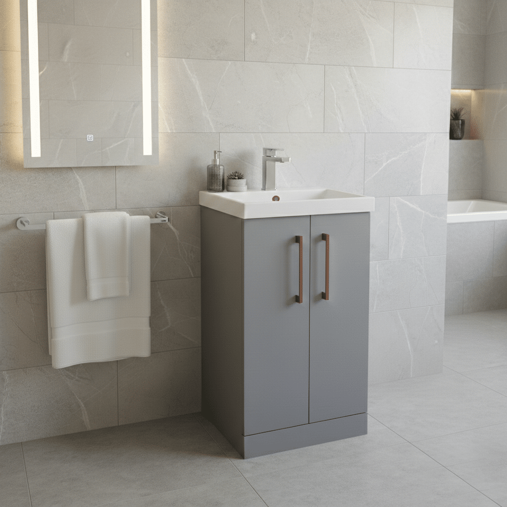 [BALARN2201AH019] Bramshall Floor Standing 2 Door Vanity Basin Unit with Mid-Edge Basin, 500mm, Choice of Colour and Handle Finish - Lifestyle 2