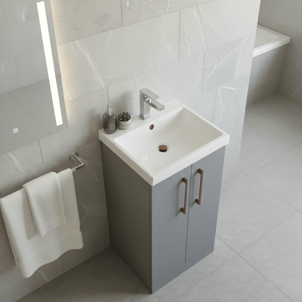 [BALARN2201AH019] Bramshall Floor Standing 2 Door Vanity Basin Unit with Mid-Edge Basin, 500mm, Choice of Colour and Handle Finish - Lifestyle 3
