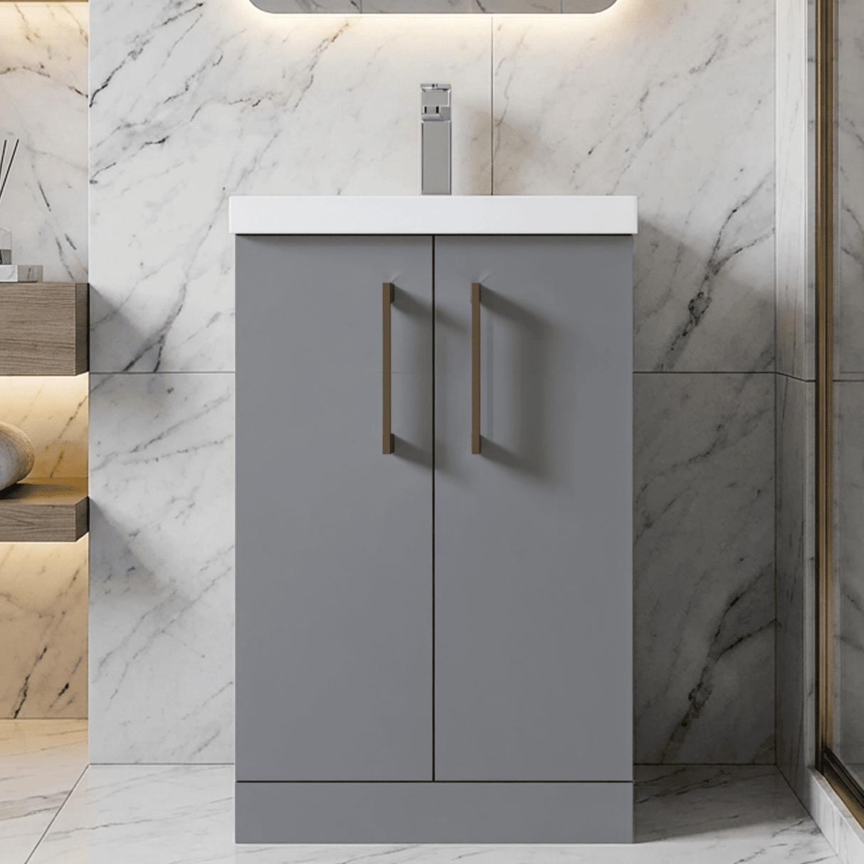[BALARN2201AH019] Bramshall Floor Standing 2 Door Vanity Basin Unit with Mid-Edge Basin, 500mm, Choice of Colour and Handle Finish - Silo