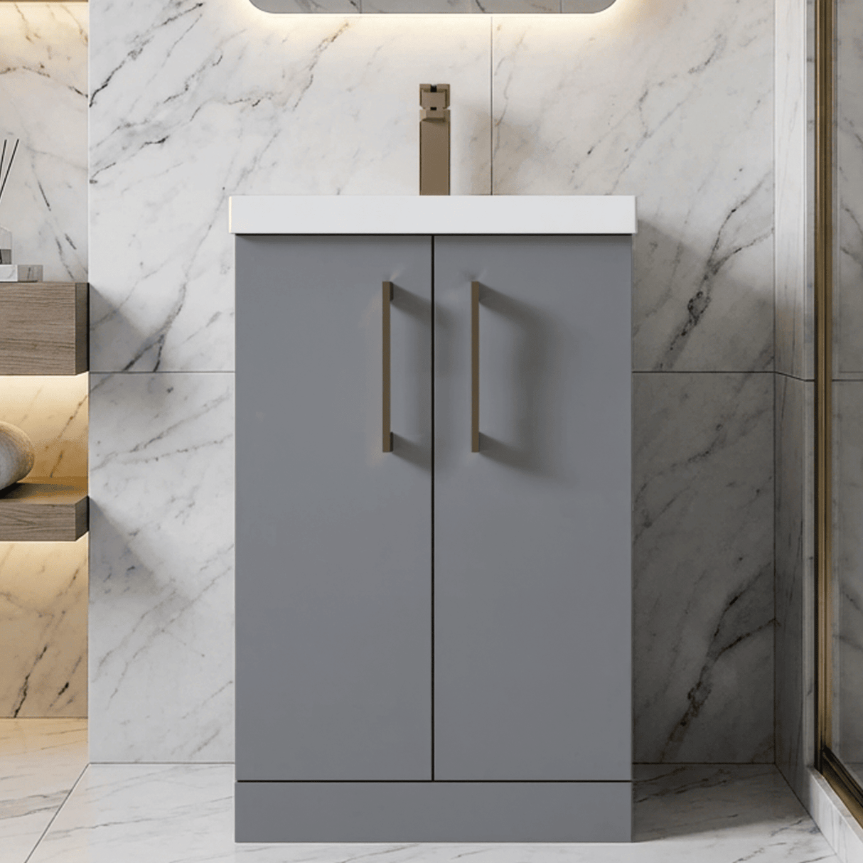 [BALARN2201AH1516] Bramshall Floor Standing 2 Door Vanity Basin Unit with Mid-Edge Basin, 500mm, Choice of Colour and Handle Finish - Silo
