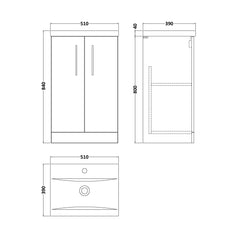 [BALARN2201AH716] Bramshall Floor Standing 2 Door Vanity Basin Unit with Mid-Edge Basin, 500mm, Choice of Colour and Handle Finish - Technical Drawing