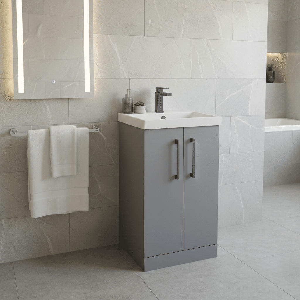 [BALARN2201AH716] Bramshall Floor Standing 2 Door Vanity Basin Unit with Mid-Edge Basin, 500mm, Choice of Colour and Handle Finish - Lifestyle 2