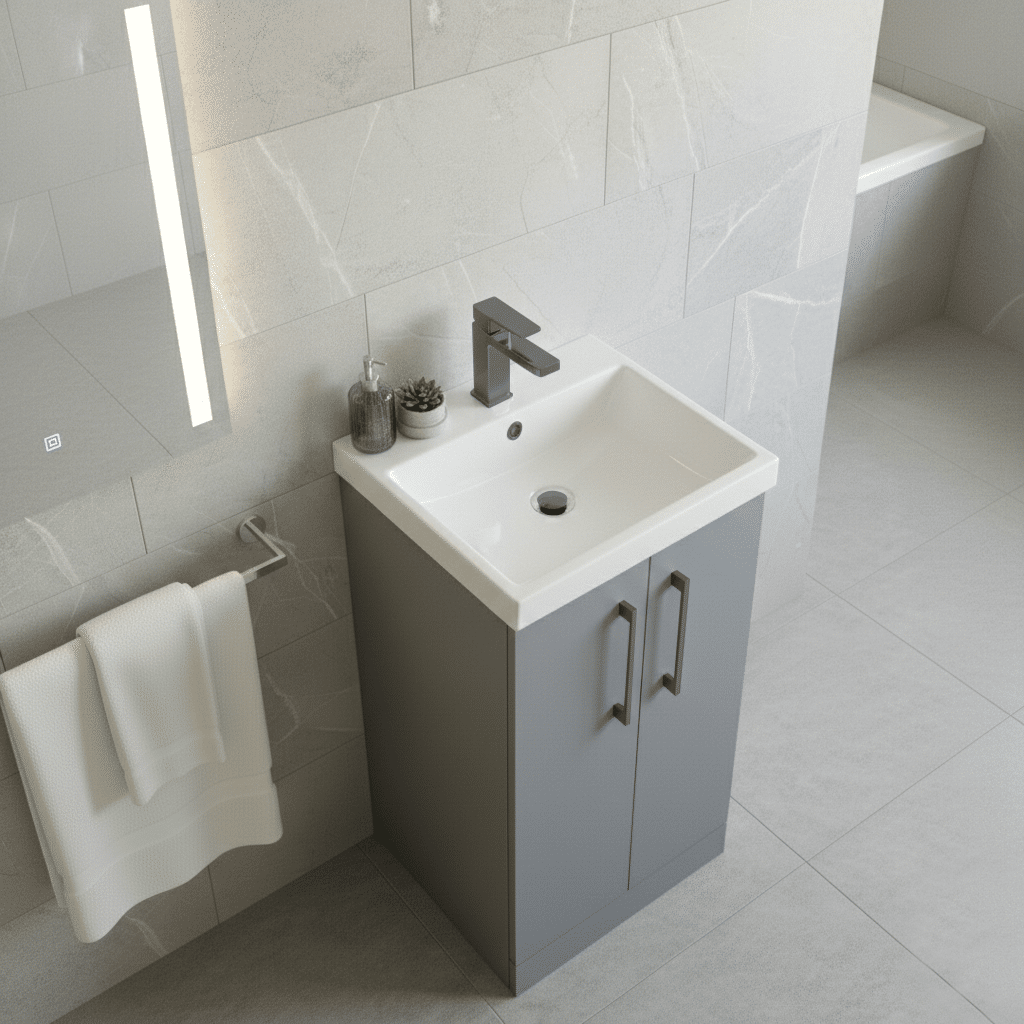[BALARN2201AH716] Bramshall Floor Standing 2 Door Vanity Basin Unit with Mid-Edge Basin, 500mm, Choice of Colour and Handle Finish - Lifestyle 3