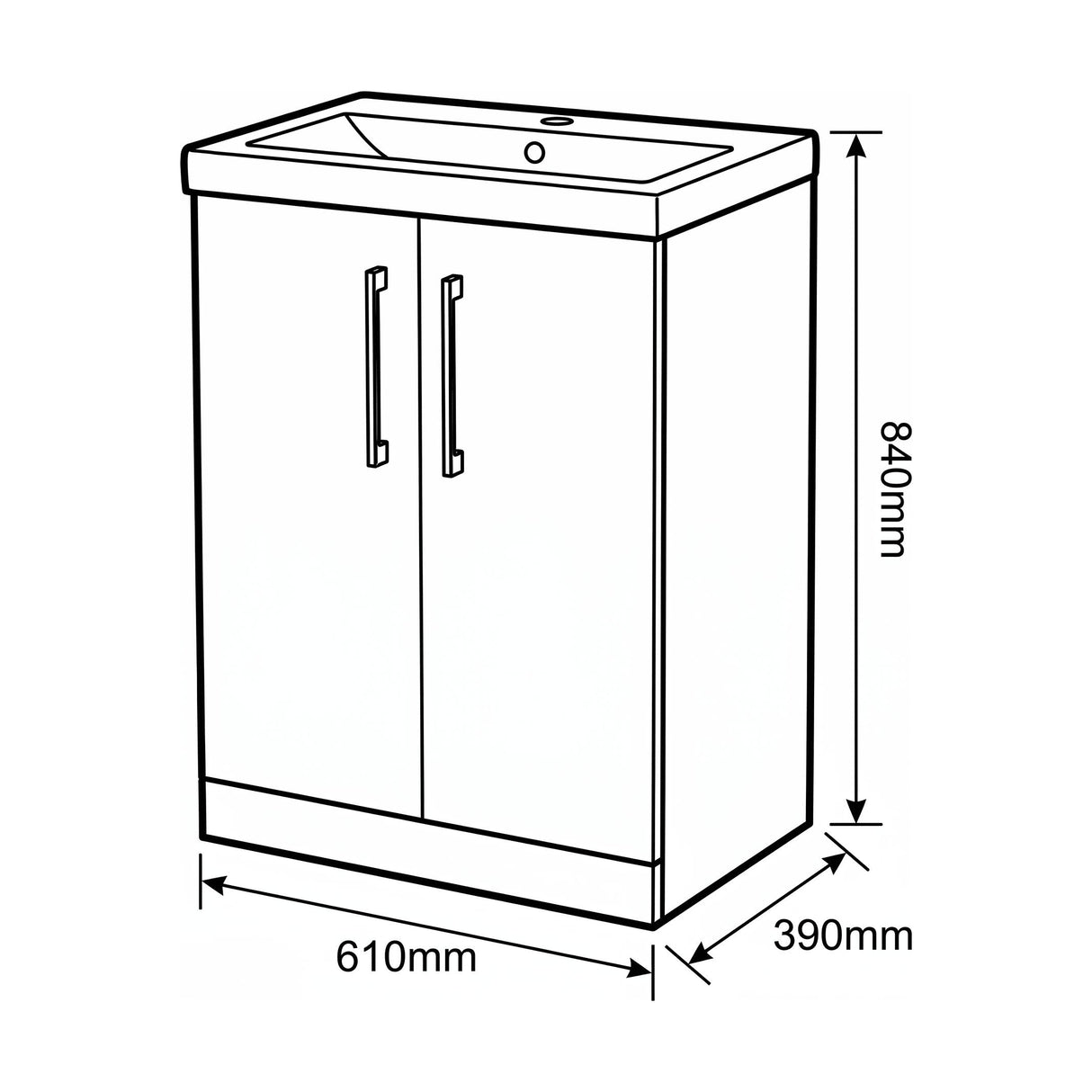 [BALARN2203AH018] Bramshall Floor Standing 2-Door Vanity & Mid-Edge Basin – Choice of Colour and Handle Finish - Technical Drawing