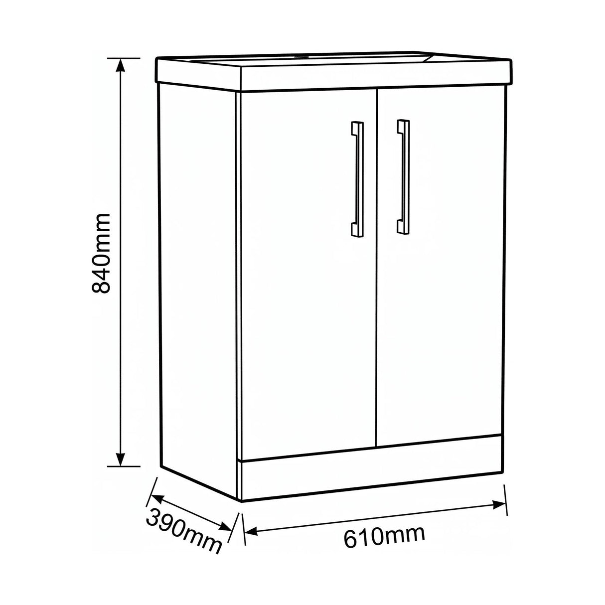 [BALARN2203AH716] Bramshall Floor Standing 2-Door Vanity & Mid-Edge Basin – Choice of Colour and Handle Finish - Technical Drawing