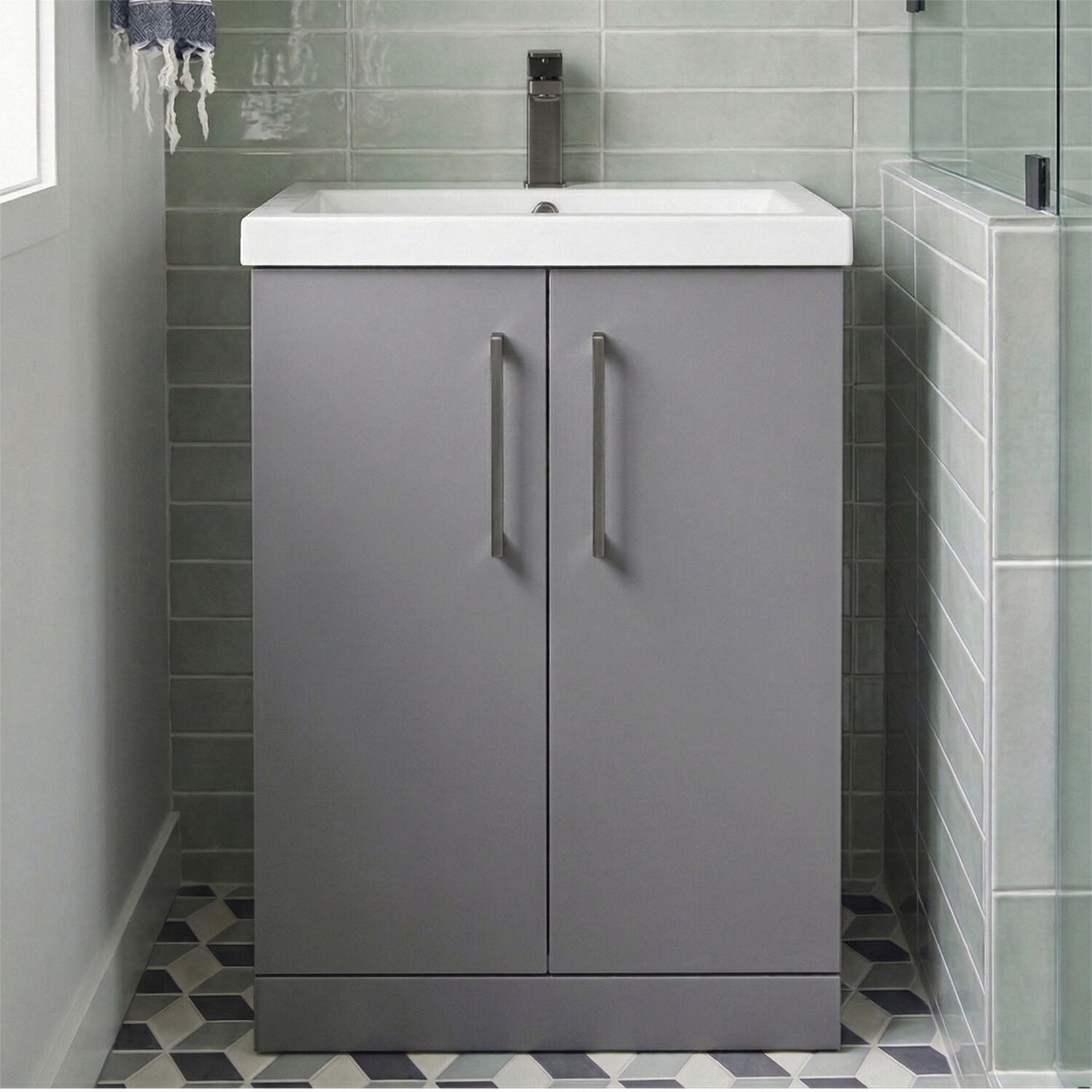 [BALARN2203AH716] Bramshall Floor Standing 2 Door Vanity Basin Unit with Mid-Edge Basin, 600mm, Choice of Colour and Handle Finish - Silo