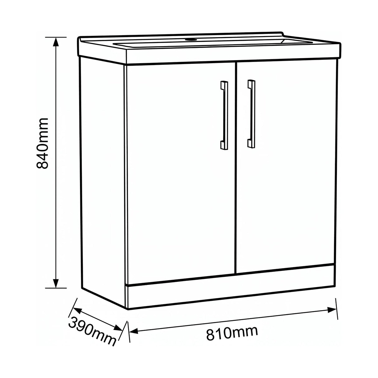 [BALARN2205AH019] Bramshall Floor Standing 2-Door Vanity & Mid-Edge Basin – Choice of Colour and Handle Finish - Technical Drawing