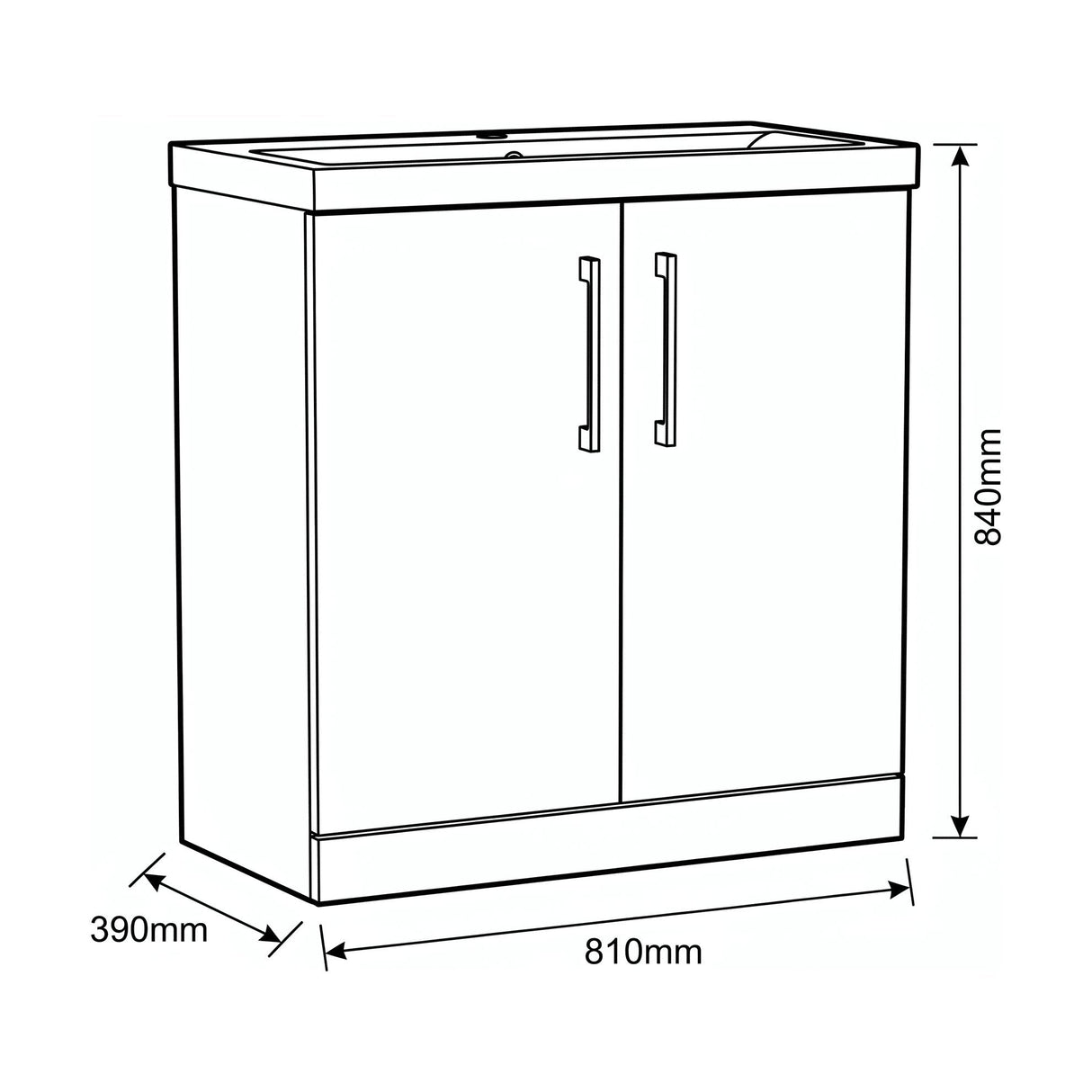 [BALARN2205AH1516] Bramshall Floor Standing 2-Door Vanity & Mid-Edge Basin – Choice of Colour and Handle Finish - Technical Drawing