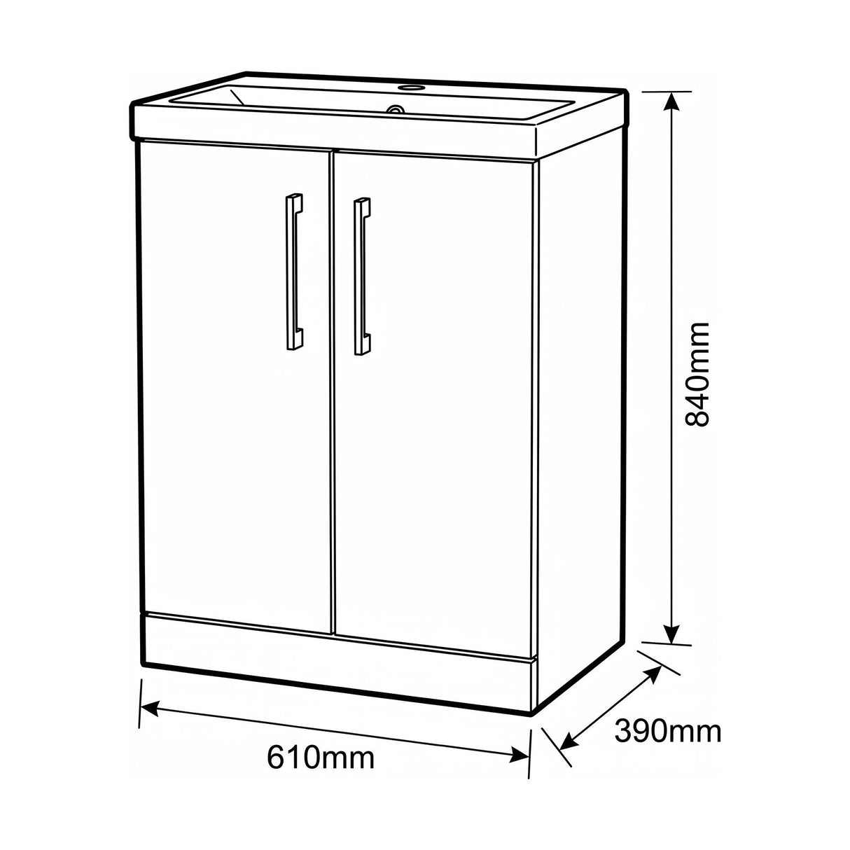 [BALARN2503AH017] Bramshall Floor Standing 2-Door Vanity & Mid-Edge Basin – Choice of Colour and Handle Finish - Technical Drawing