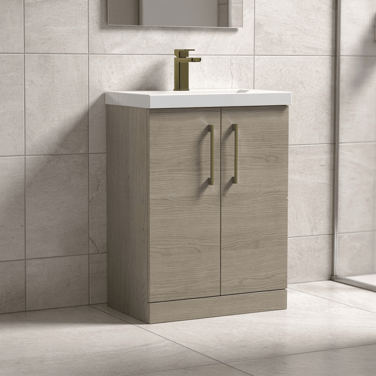 [BALARN2503AH017] Bramshall Floor Standing 2 Door Vanity Basin Unit with Mid-Edge Basin, 600mm, Choice of Colour and Handle Finish - Lifestyle 2