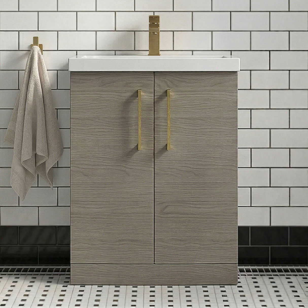 [BALARN2503AH017] Bramshall Floor Standing 2 Door Vanity Basin Unit with Mid-Edge Basin, 600mm, Choice of Colour and Handle Finish - Silo