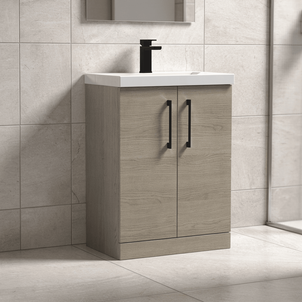 [BALARN2503AH018] Bramshall Floor Standing 2 Door Vanity Basin Unit with Mid-Edge Basin, 600mm, Choice of Colour and Handle Finish - Lifestyle 2