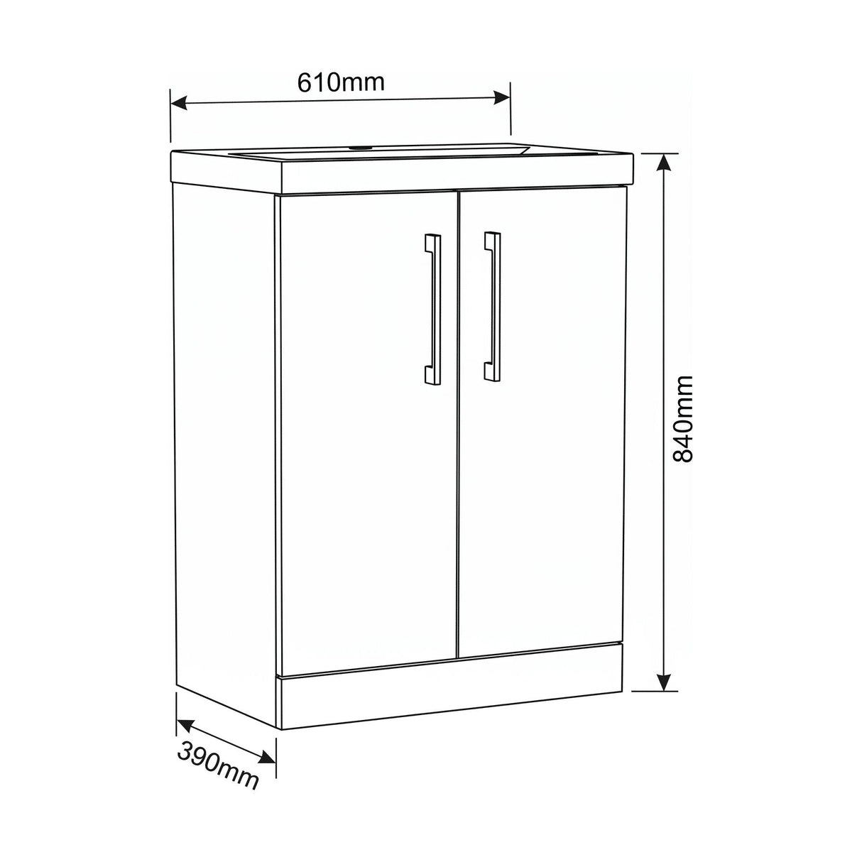 [BALARN2503AH019] Bramshall Floor Standing 2-Door Vanity & Mid-Edge Basin – Choice of Colour and Handle Finish - Technical Drawing