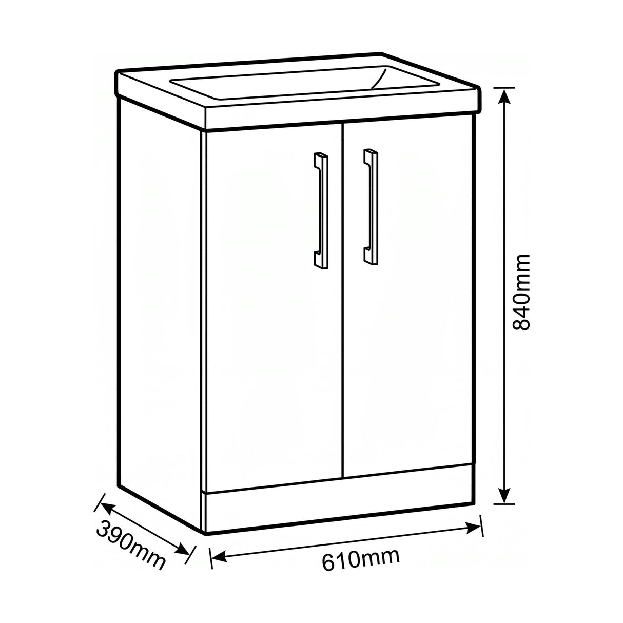 [BALARN2503AH1516] Bramshall Floor Standing 2-Door Vanity & Mid-Edge Basin – Choice of Colour and Handle Finish - Technical Drawing