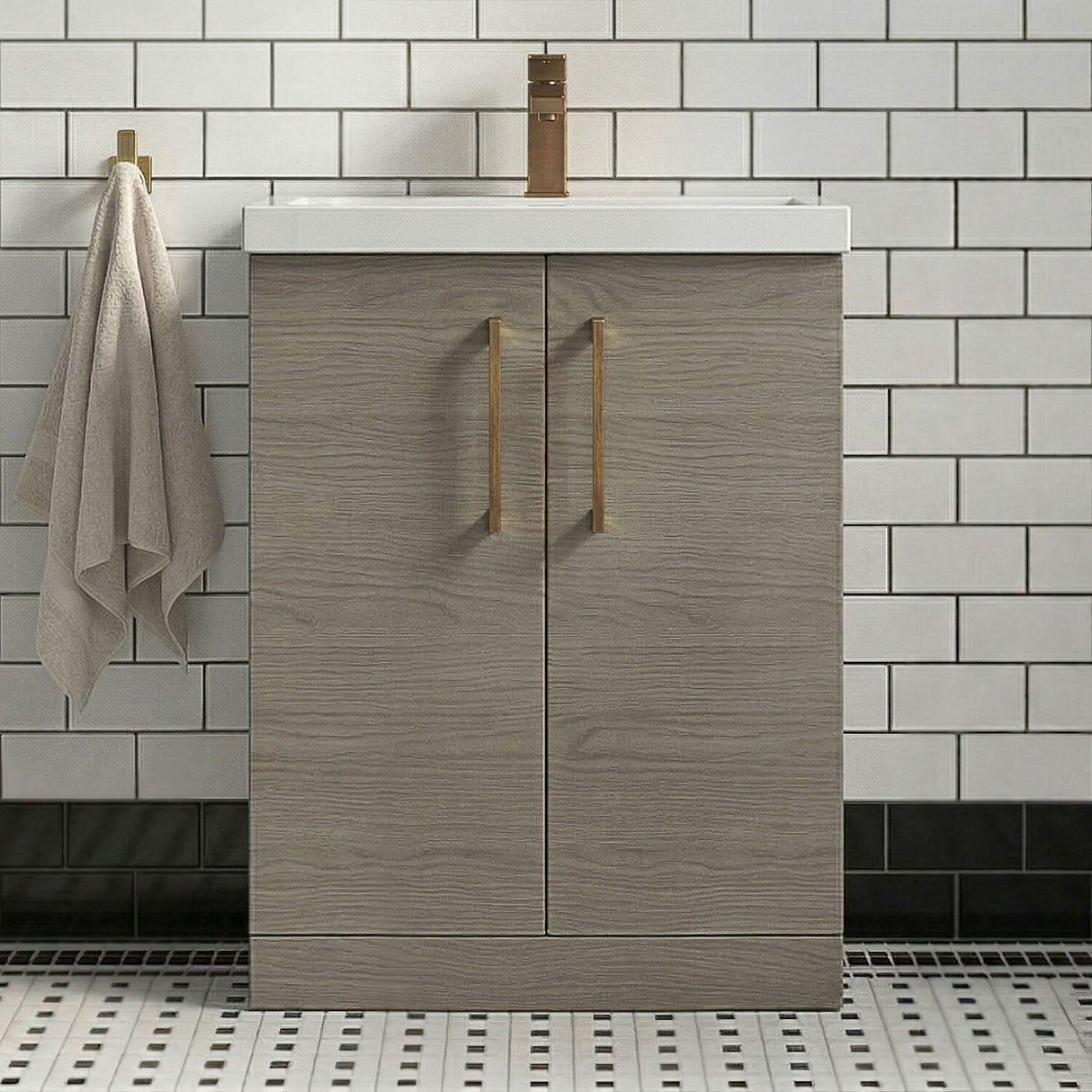 [BALARN2503AH1516] Bramshall Floor Standing 2 Door Vanity Basin Unit with Mid-Edge Basin, 600mm, Choice of Colour and Handle Finish - Silo