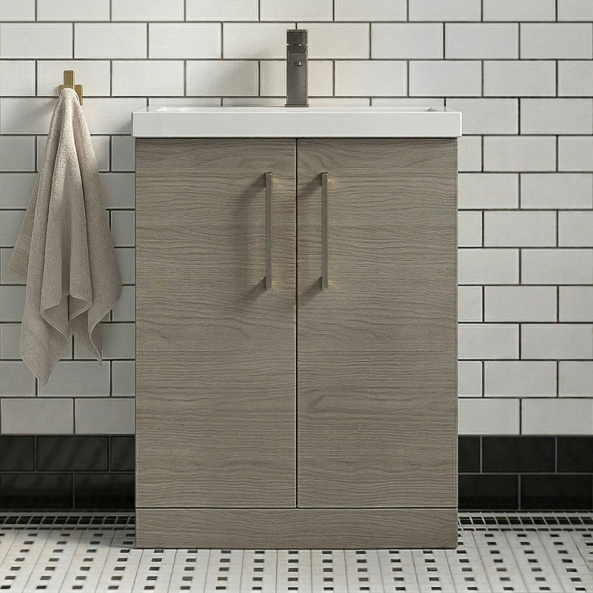 [BALARN2503AH716] Bramshall Floor Standing 2 Door Vanity Basin Unit with Mid-Edge Basin, 600mm, Choice of Colour and Handle Finish - Silo
